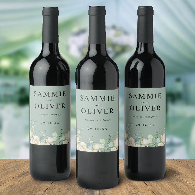 Étiquette Pour Bouteilles De Vin Élégant Magnolia Eucalyptus Mariage personnalisé (Elegant Magnolia Eucalyptus Personalized Wedding Wine Label)