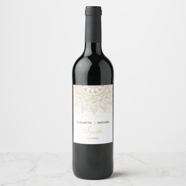 Étiquette Pour Bouteilles De Vin Elégant Mandala Confetti Design Or (Devant)