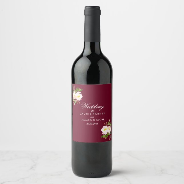 Étiquette Pour Bouteilles De Vin Élégant Mariage à fleurs de Bourgogne moderne Étiq (Devant)