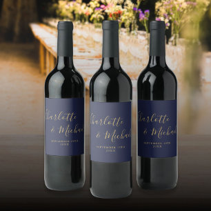 Étiquette Pour Bouteilles De Vin Élégant mariage bleu marine or écriture signature