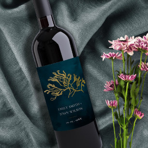 ÉTIQUETTE POUR BOUTEILLES DE VIN ÉLÉGANT MARIAGE D'ALGUES DE MER SOUS-MARINES GOLD