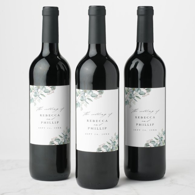 Étiquette Pour Bouteilles De Vin Elégant Mariage d'aquarelle Eucalyptus (Bouteilles)
