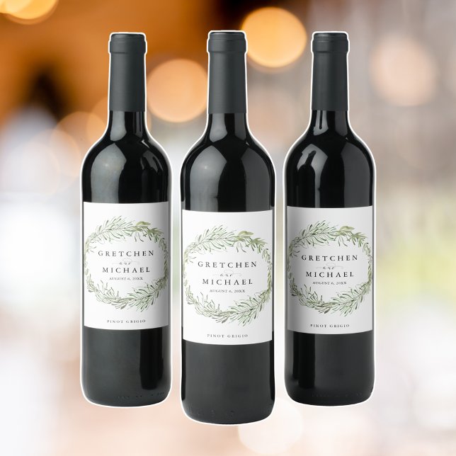 Étiquette Pour Bouteilles De Vin Elégant mariage de couronne botanique Faveur (Elegant Botanical Wreath Wedding Favor Wine Label)