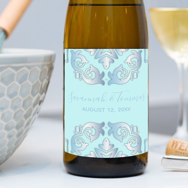 Étiquette Pour Bouteilles De Vin Élégant Mariage de frontière classique baroque ble (Créateur téléchargé)