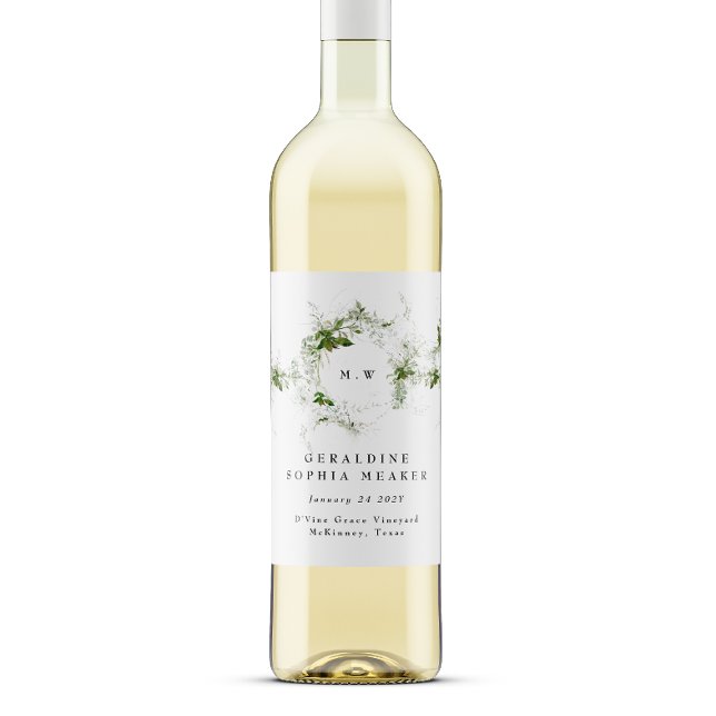 Étiquette Pour Bouteilles De Vin Élégant Mariage de monogramme à feuilles Eucalyptu (Créateur téléchargé)