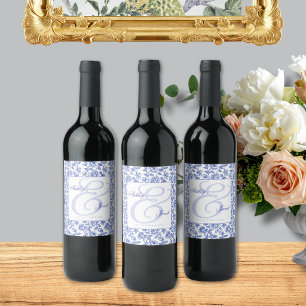 Étiquette Pour Bouteilles De Vin Élégant mariage floral bleu esperluette