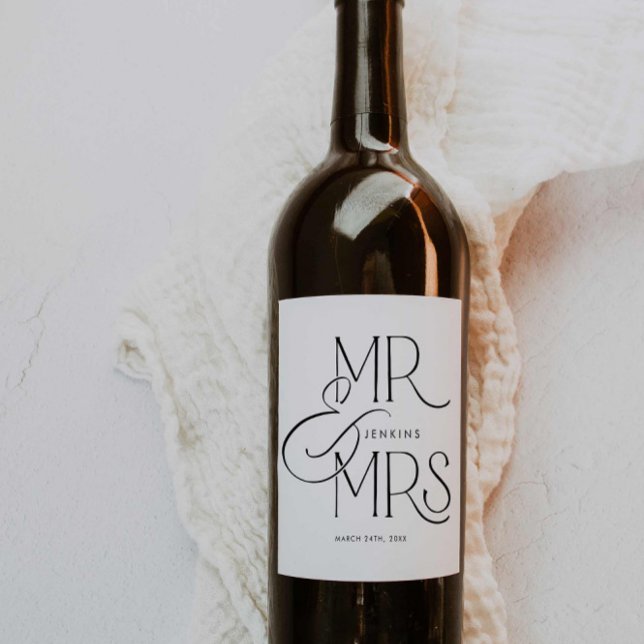 Étiquette Pour Bouteilles De Vin Élégant Mariage minimal personnalisé (Elegant Black and White Wedding Wine Label)