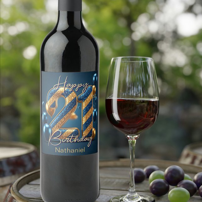 Étiquette Pour Bouteilles De Vin Elégant Midnight Blue & Gold rayped 21e anniversai (Créateur téléchargé)