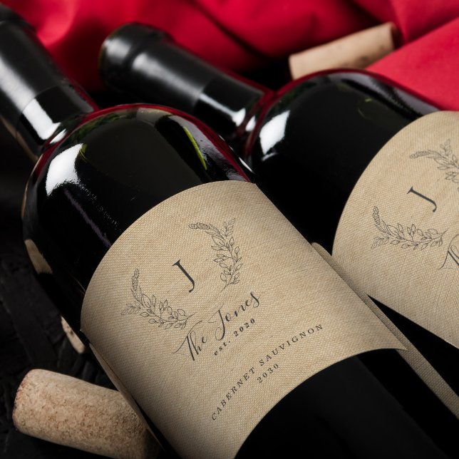 Étiquette Pour Bouteilles De Vin Élégant modèle de nom de famille monogramme (Créateur téléchargé)
