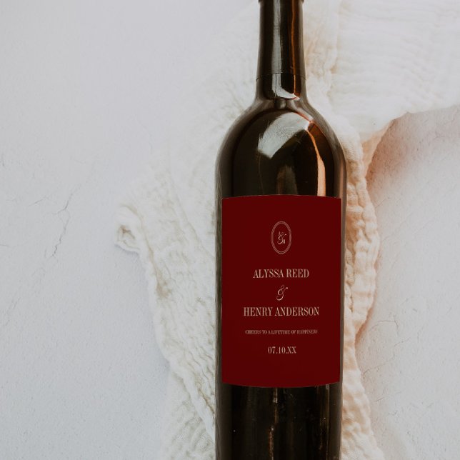 Étiquette Pour Bouteilles De Vin Elegant Monogram Wine Red "Cheers" Wedding (Créateur téléchargé)