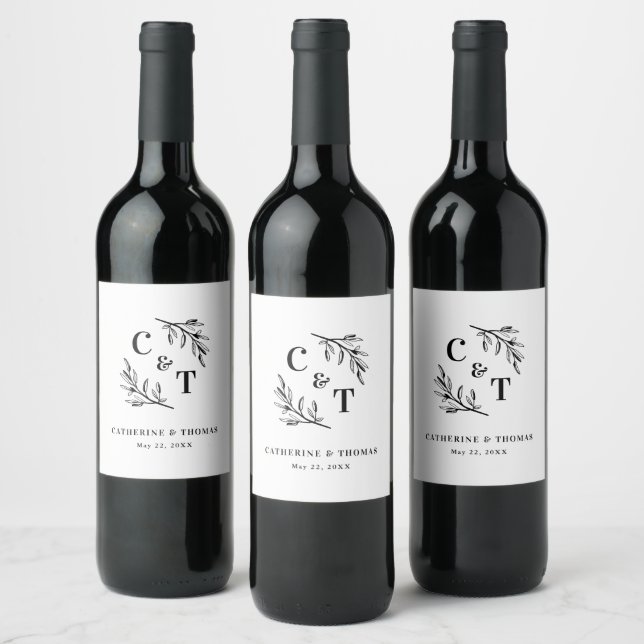 Étiquette Pour Bouteilles De Vin Élégant Monogramme Mariage Feuille (Bouteilles)