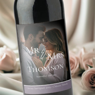 Étiquette Pour Bouteilles De Vin Elégant Monsieur & Madame photo mariage d'hiver vi