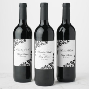 Étiquette Pour Bouteilles De Vin Élégant noir dentelle blanc Damas