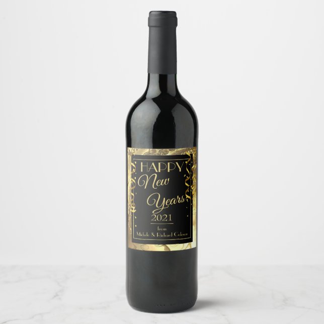 Étiquette Pour Bouteilles De Vin Élégant noir et or (Devant)