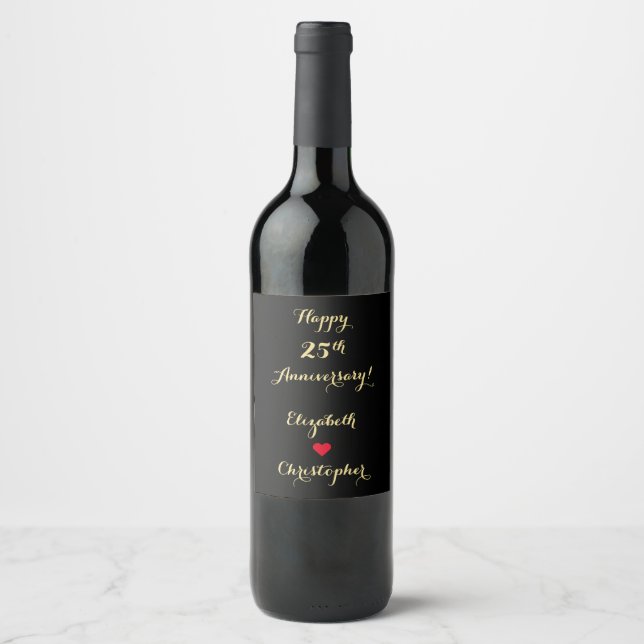 Étiquette Pour Bouteilles De Vin Élégant Noir Faux Gold Script Mariage Anniversaire (Devant)