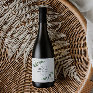 Étiquette Pour Bouteilles De Vin Élégant noir moderne eucalyptus sauver la date chi