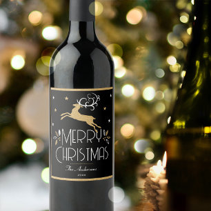 Étiquette Pour Bouteilles De Vin Élégant renne de Noël Festif Black Gold