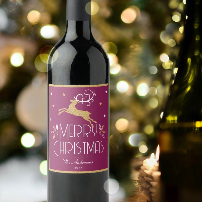 Étiquette Pour Bouteilles De Vin Élégant renne de Noël Festive Plum Gold (Créateur téléchargé)
