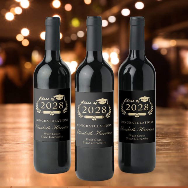 Étiquette Pour Bouteilles De Vin Élégant Script Black Gold Party Graduation (Créateur téléchargé)