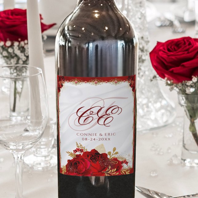Étiquette Pour Bouteilles De Vin Élégant Script Monogramme Rouge Floral Mariage (Créateur téléchargé)
