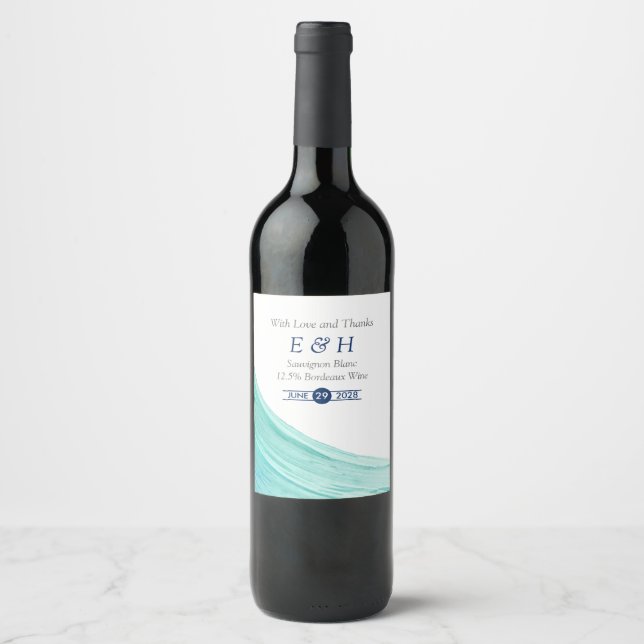 Étiquette Pour Bouteilles De Vin Elégant Turquoise Tides Beach Mariage (Devant)