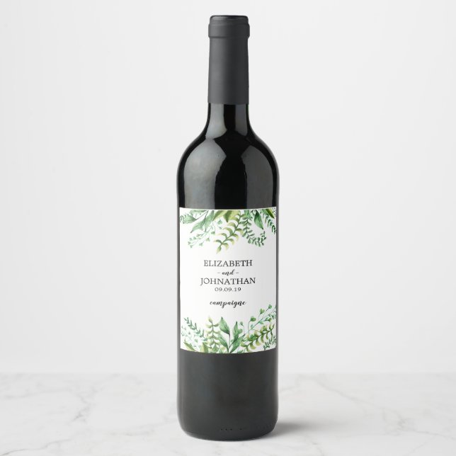 Étiquette Pour Bouteilles De Vin Elégant vert Aquarelle Mariage botanique (Devant)