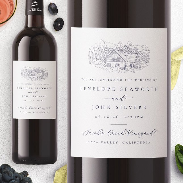 Étiquette Pour Bouteilles De Vin Elégant vignoble Faire-part de mariage d'illustrat (Elegant Vineyard Illustration Wedding Invitation Wine Label)