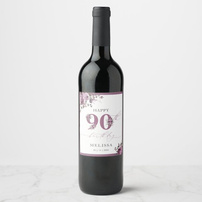 Étiquette Pour Bouteilles De Vin Elégant violet floral 90e anniversaire (Devant)
