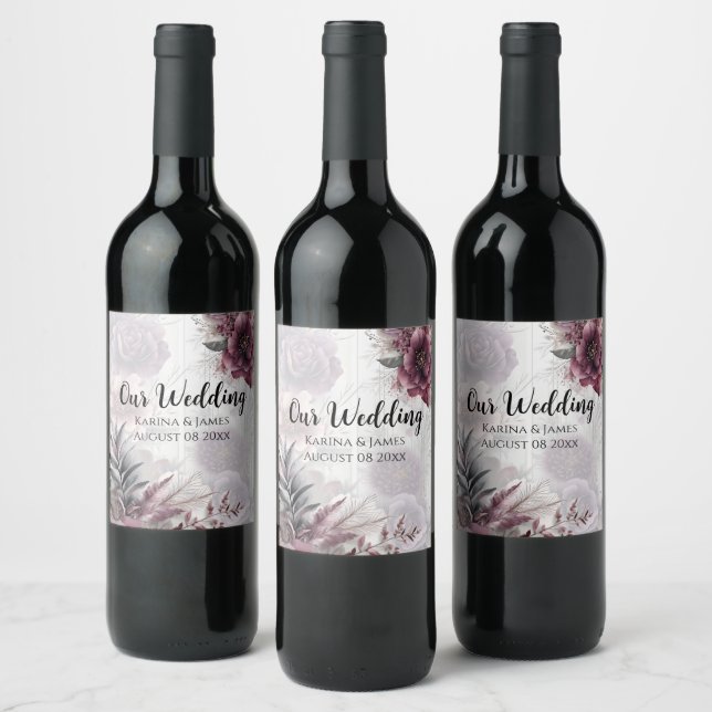 Étiquette Pour Bouteilles De Vin Élégant violet, rose et marron floral (Bouteilles)