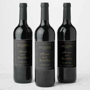 Étiquette Pour Bouteilles De Vin Elégant Whimsical Vintage noir et Mariage or