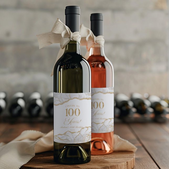 Étiquette Pour Bouteilles De Vin Elegant White Gold Agate 100th Birthday Party (Créateur téléchargé)