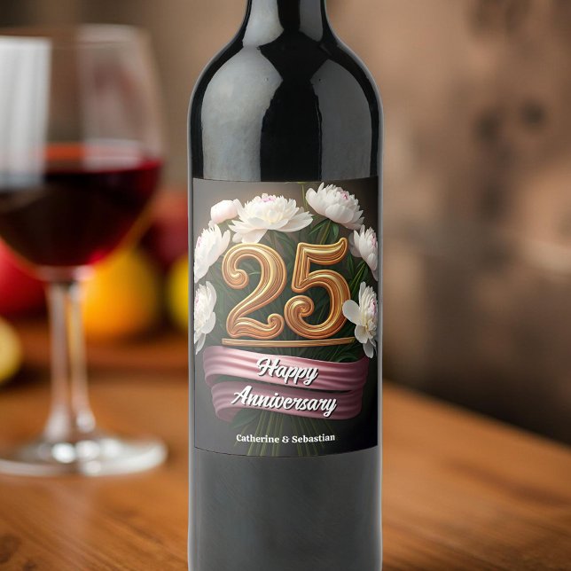 Étiquette Pour Bouteilles De Vin Élégant White Peonies 25e anniversaire de Mariage (Créateur téléchargé)