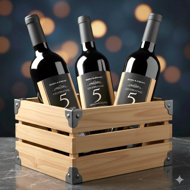 Étiquette Pour Bouteilles De Vin Élégante 5ème anniversaire de Mariage de bois (5th Wood Wedding Anniversary Wine/Liquor Drink Label Cover Photo)
