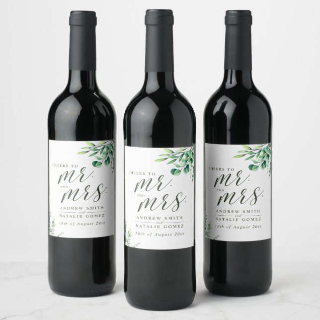 Étiquette Pour Bouteilles De Vin Elégante aquarelle Eucalyptus Mariage vert (Bouteilles)