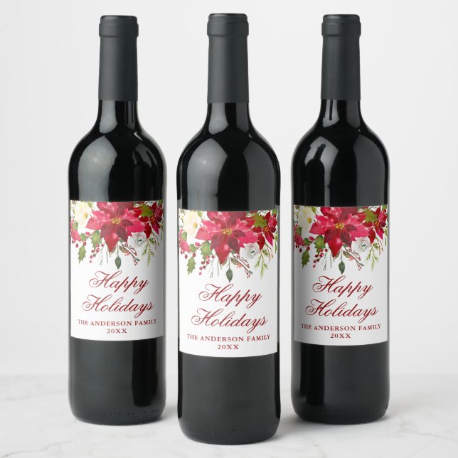 Étiquette Pour Bouteilles De Vin Elégante Aquarelle Rouge Poinsettia vacances (Bouteilles)
