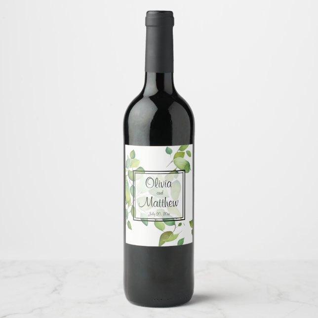 Étiquette Pour Bouteilles De Vin Elégante aquarelle vert verdure botanique (Devant)