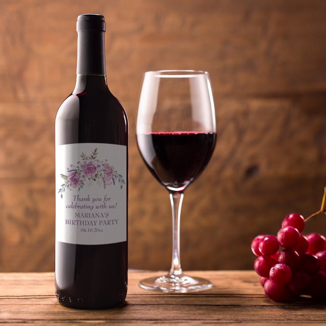 Étiquette Pour Bouteilles De Vin Elégante aquarelle violet florale fête d'anniversa (Créateur téléchargé)
