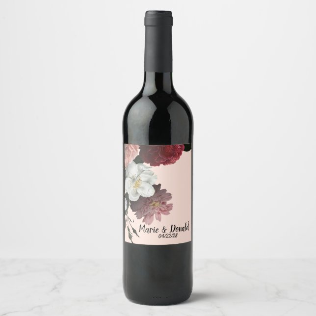 Étiquette Pour Bouteilles De Vin Elégante Bourgogne et Fleurs roses (Devant)