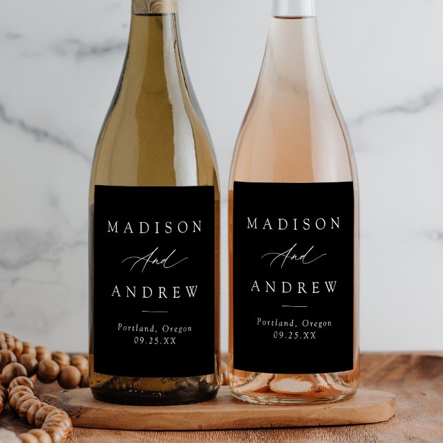 Étiquette Pour Bouteilles De Vin Élégante calligraphie Mariage noir et blanc (Créateur téléchargé)