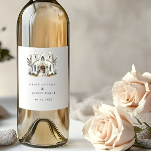 Étiquette Pour Bouteilles De Vin Elégante Eglise aquarelle Lieu Manoir Mariage