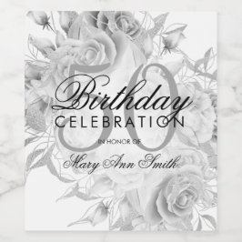 Étiquette Pour Bouteilles De Vin Élégante fête du 50e anniversaire Floral Argent bl