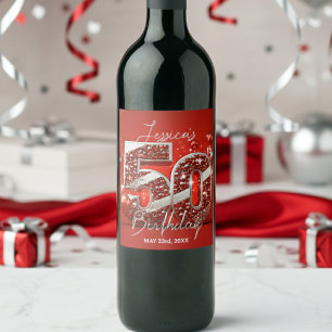 Étiquette Pour Bouteilles De Vin Élégante Glitterie Rouge et Argent 50e anniversair