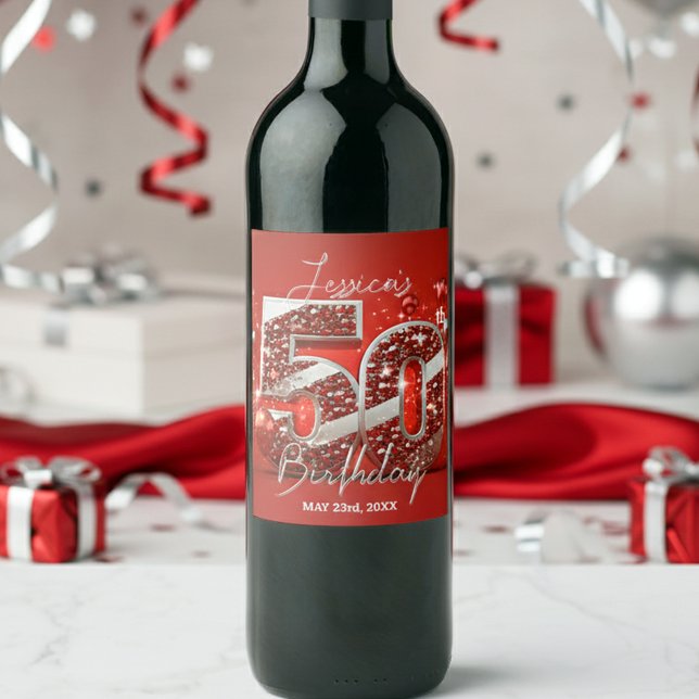 Étiquette Pour Bouteilles De Vin Élégante Glitterie Rouge et Argent 50e anniversair (Créateur téléchargé)