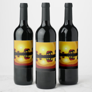 Étiquette Pour Bouteilles De Vin Eléphants africains couchés de soleil