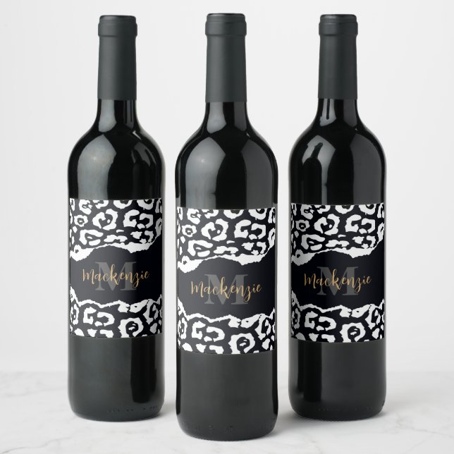 Étiquette Pour Bouteilles De Vin Empreinte de léopard noir et blanc (Bouteilles)