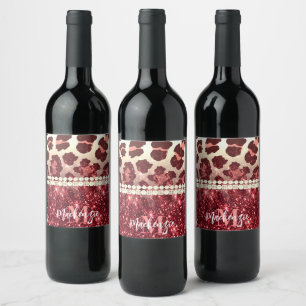 Étiquette Pour Bouteilles De Vin Empreinte de léopard rose et Parties scintillant