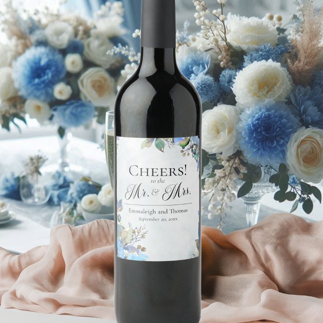 Étiquette Pour Bouteilles De Vin En Amour Mariage Floral Aquarelle Bleue (Créateur téléchargé)