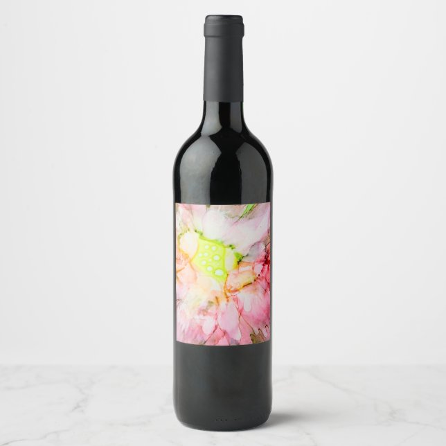Étiquette Pour Bouteilles De Vin Encre d'alcool rose Fleur Abstraite (Devant)