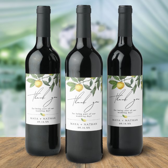 Étiquette Pour Bouteilles De Vin Été Citron vert Merci Mariage (Summer Lemon Greenery Thank You Wedding Wine Label)