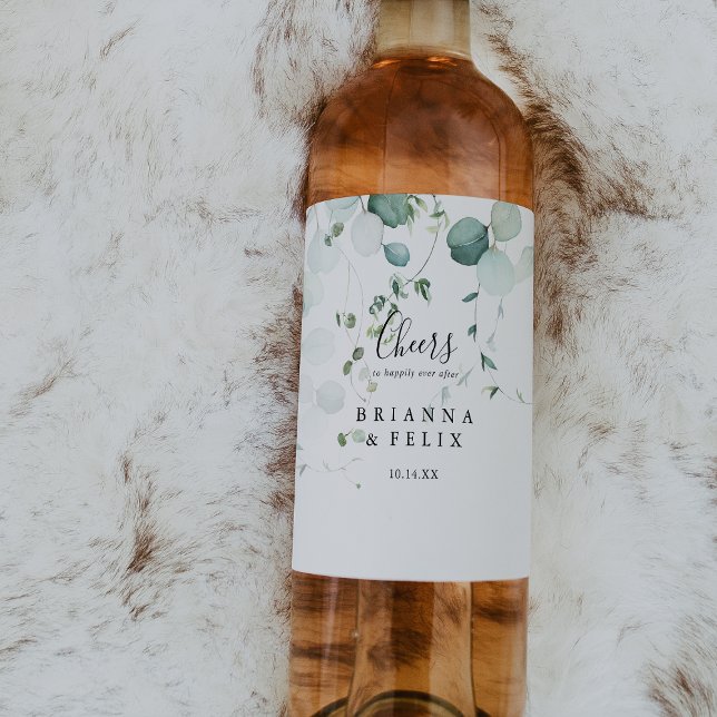 Étiquette Pour Bouteilles De Vin Été Vert Eucalyptus Foliage Salutations Mariage (Créateur téléchargé)